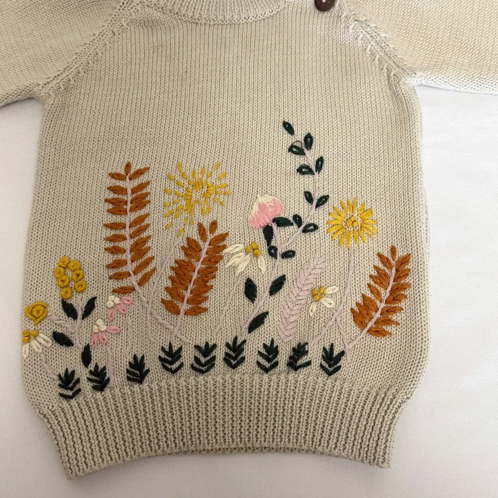 Lamgool Kids Beige Knit Floral‎ Embroidered Sweater Shoulder Buttons Long Sleeve